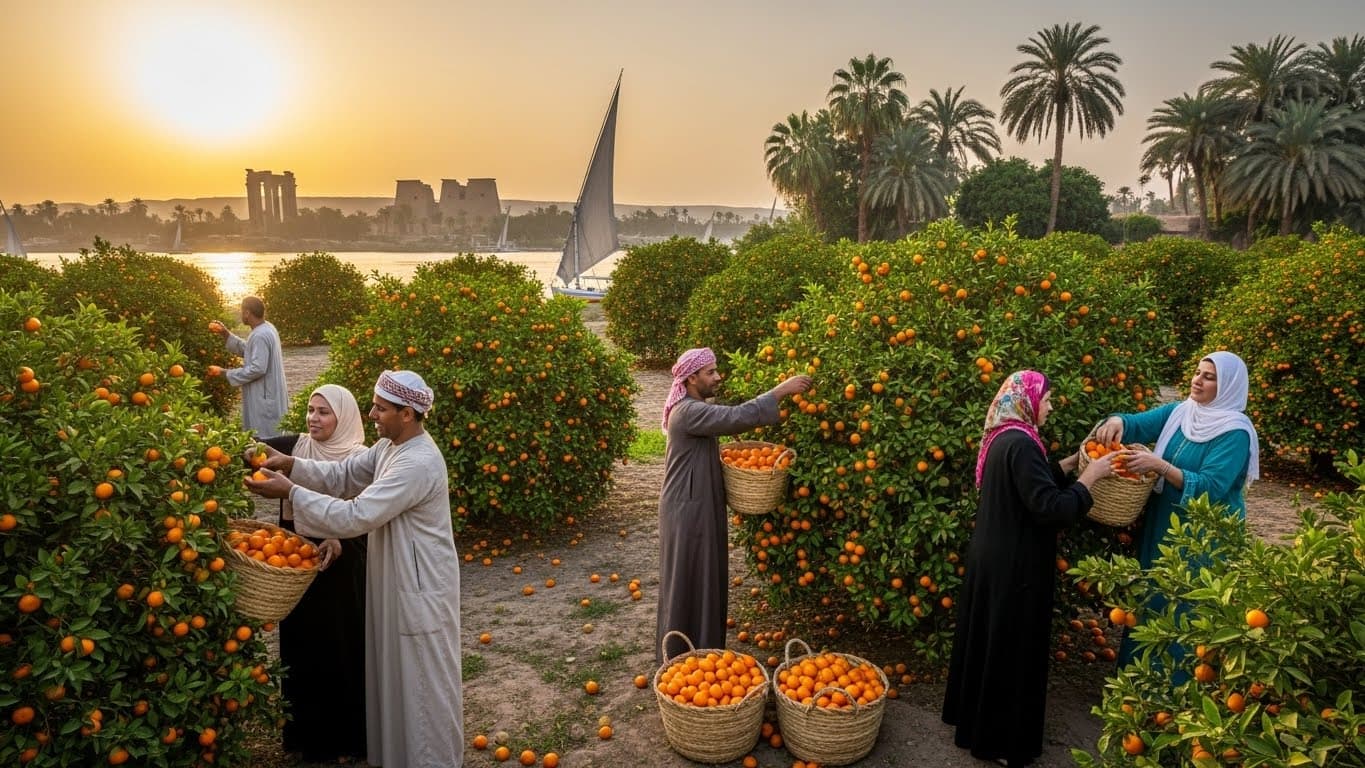 エジプトの農家がミカンを収穫している（AI生成画像）。