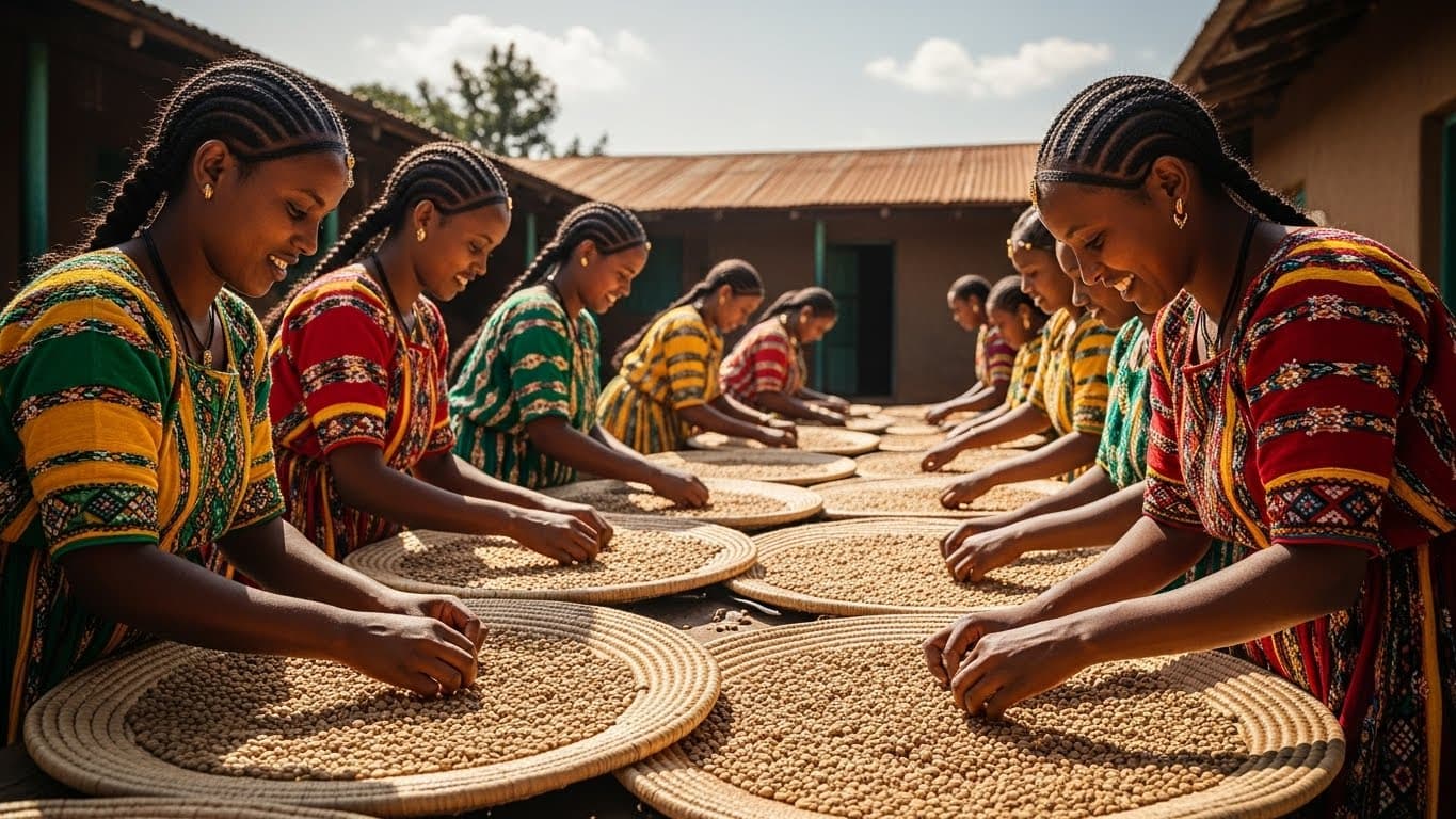 Femmes triant à la main des grains de café en Éthiopie (image générée par IA).