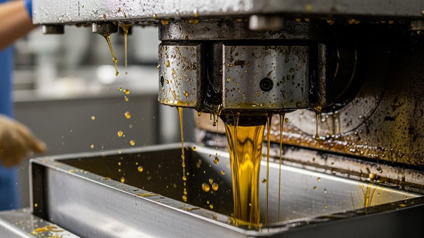 Prensa mecánica de tornillo en funcionamiento: torta de soja siendo comprimida mientras el aceite crudo caliente fluye hacia canales de acero inoxidable. (imagen generada por IA)