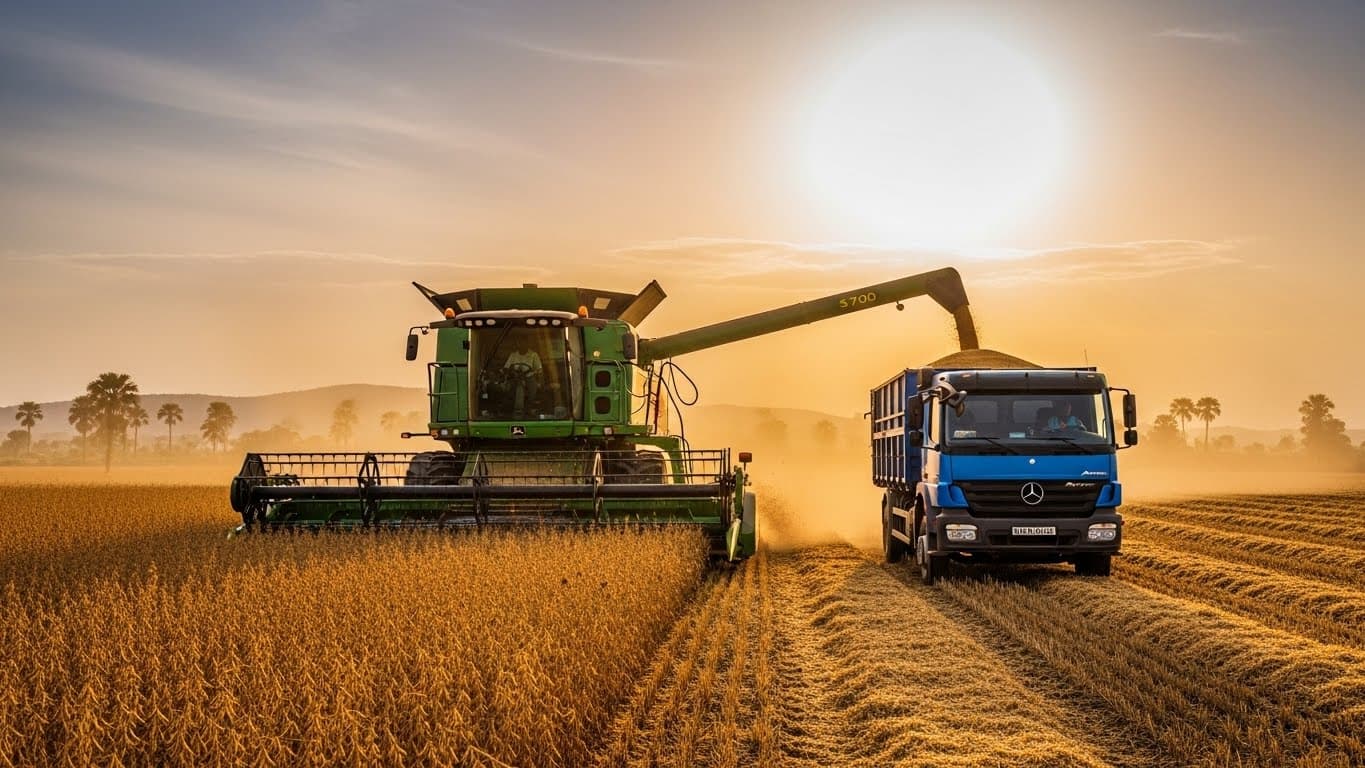 Récolte de soja au Nigeria avec une moissonneuse-batteuse et un camion (image générée par l'IA)