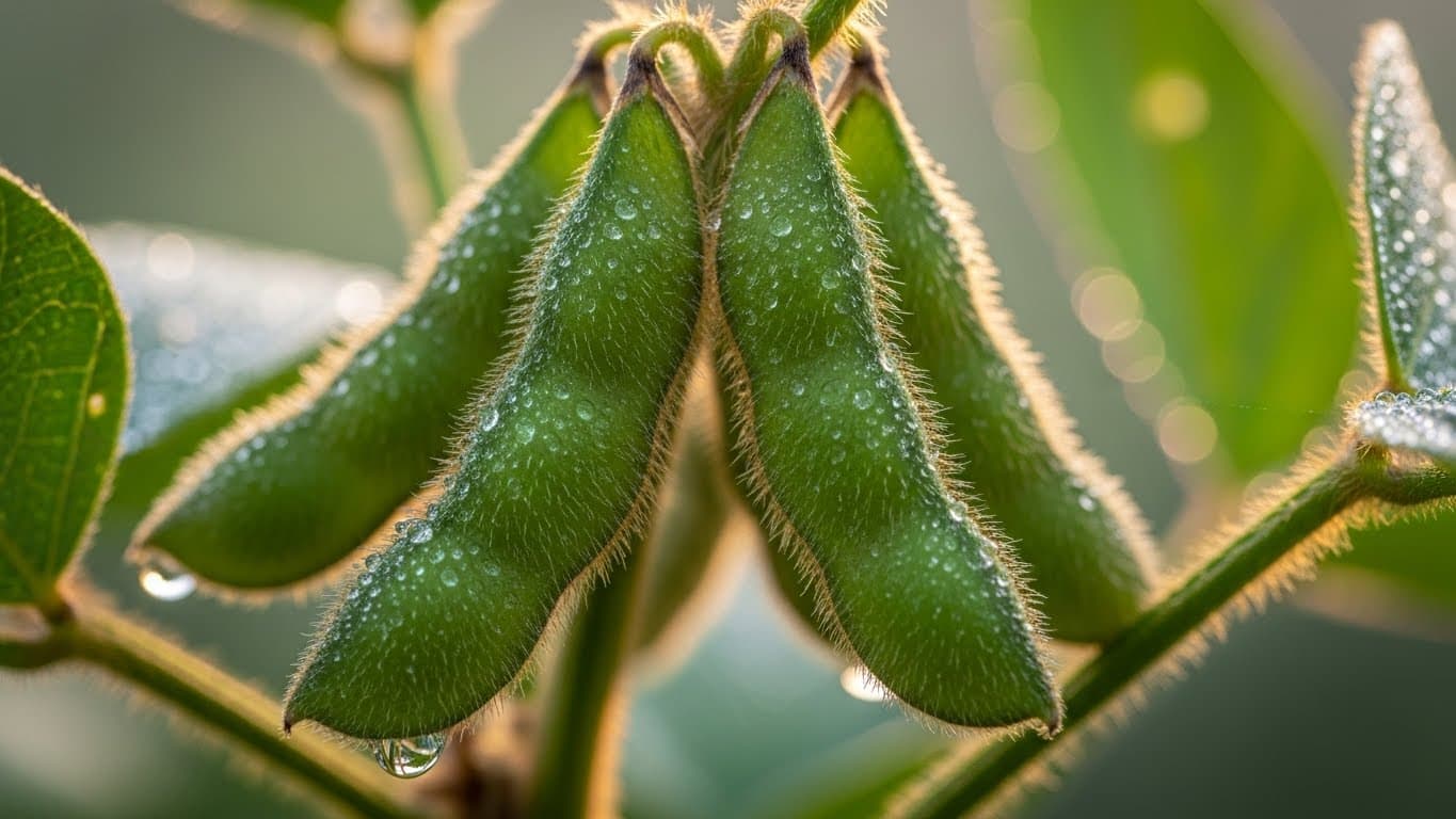 Gros plan macro 4K de gousses de soja non OGM (variété TGX) sur la plante (image générée par IA)