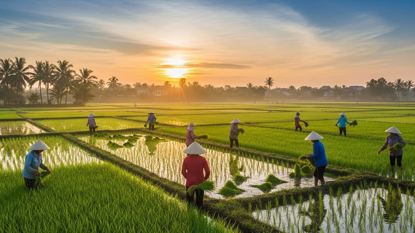 ベトナムの農家が水田で働いている（AI生成画像）。
