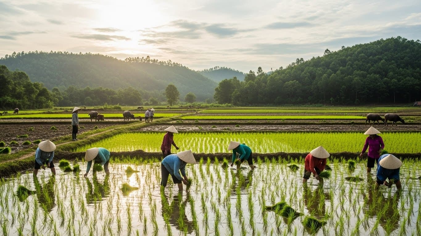 Agricultores vietnamitas trabalhando em um arrozal (imagem gerada por IA).