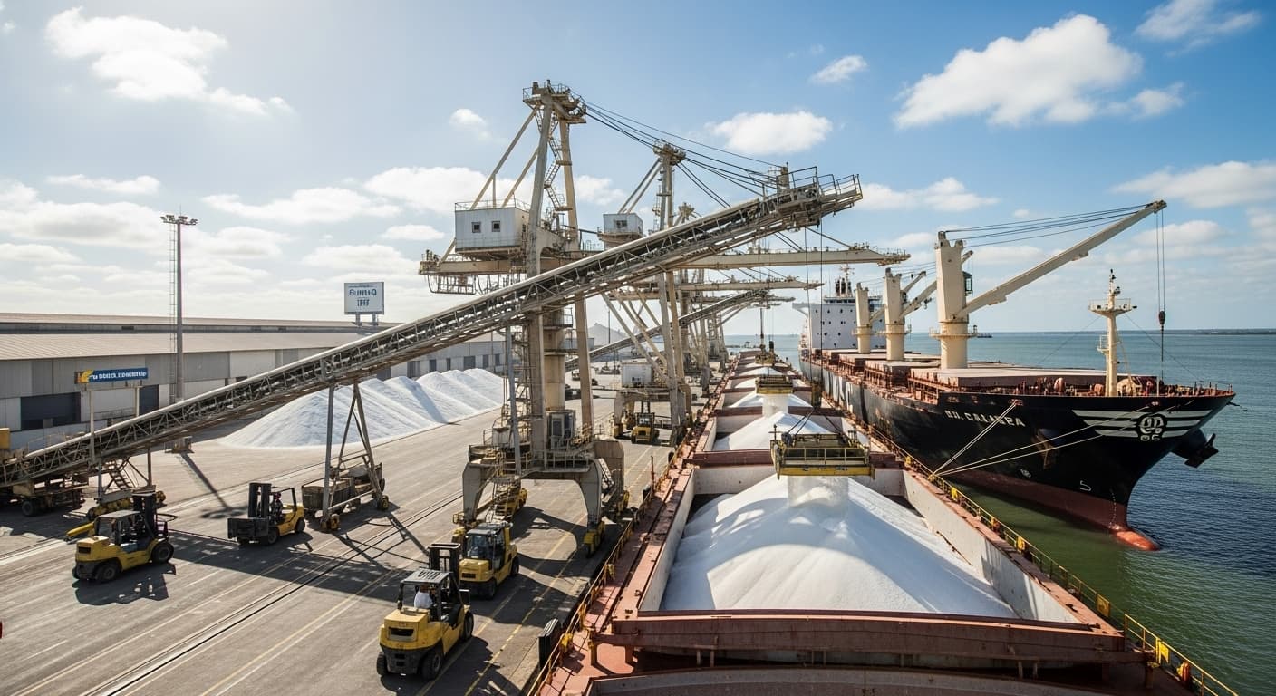 Bulk sugar being loaded at a port terminal in Brazil (AI-generated image)
