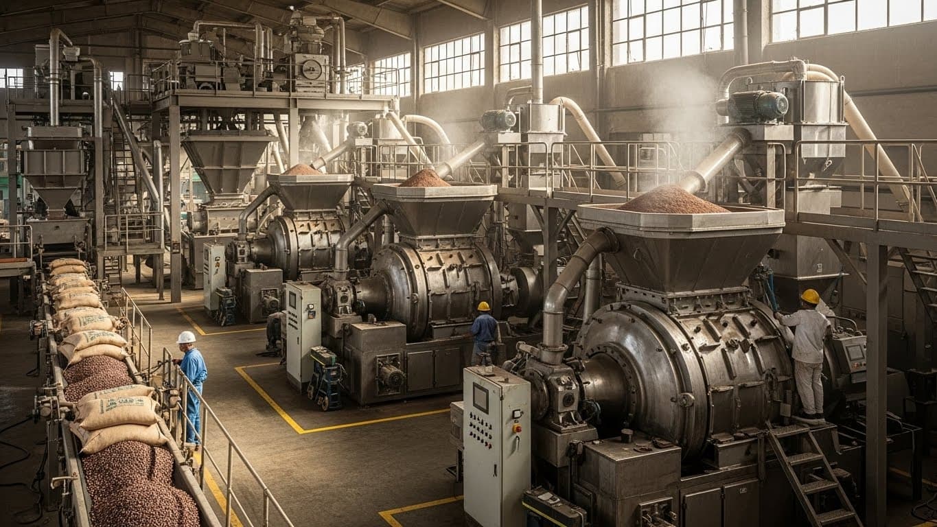 ココアパウダーを製造する工業施設（AI生成画像）。