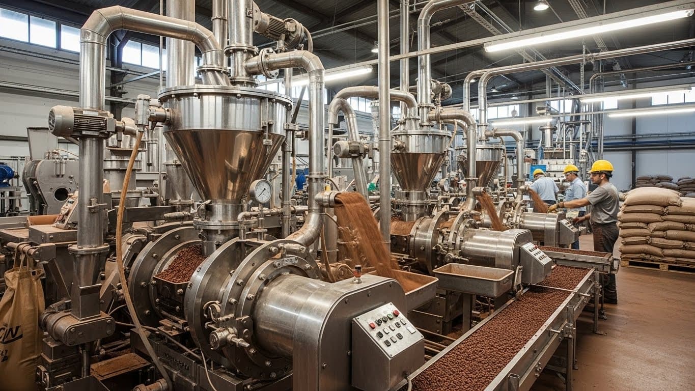 Instalación industrial que produce polvo de cacao (imagen generada por IA).