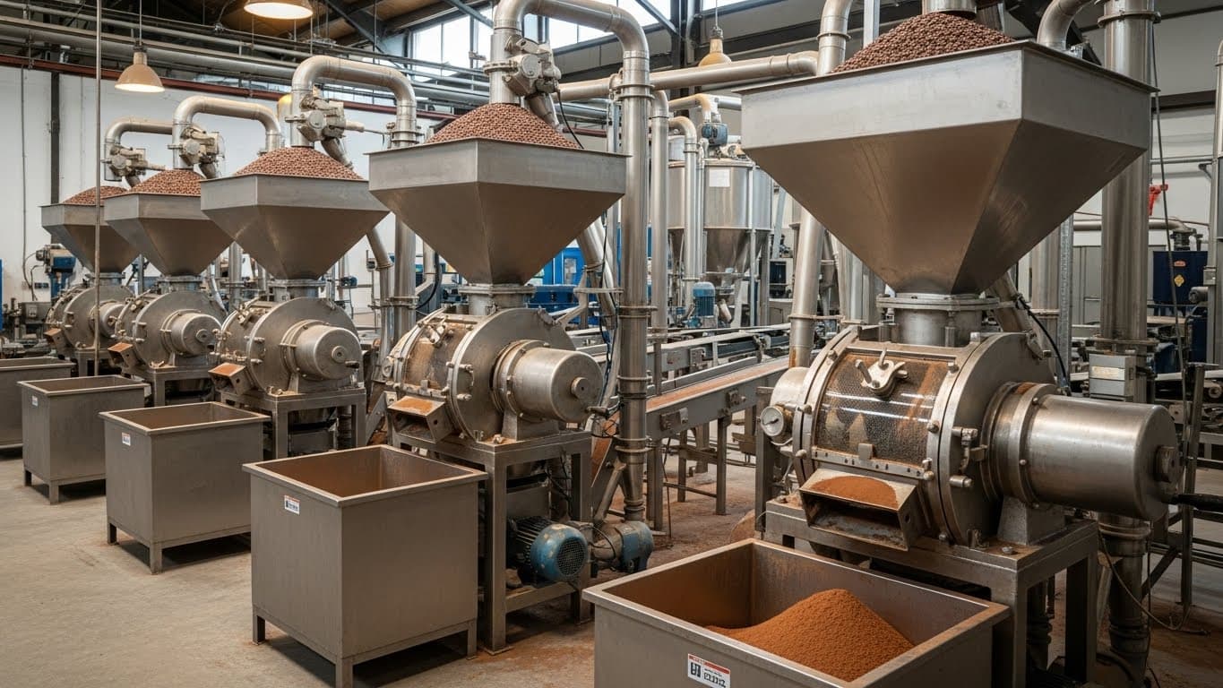 Instalação industrial que produz pó de cacau (imagem gerada por IA).