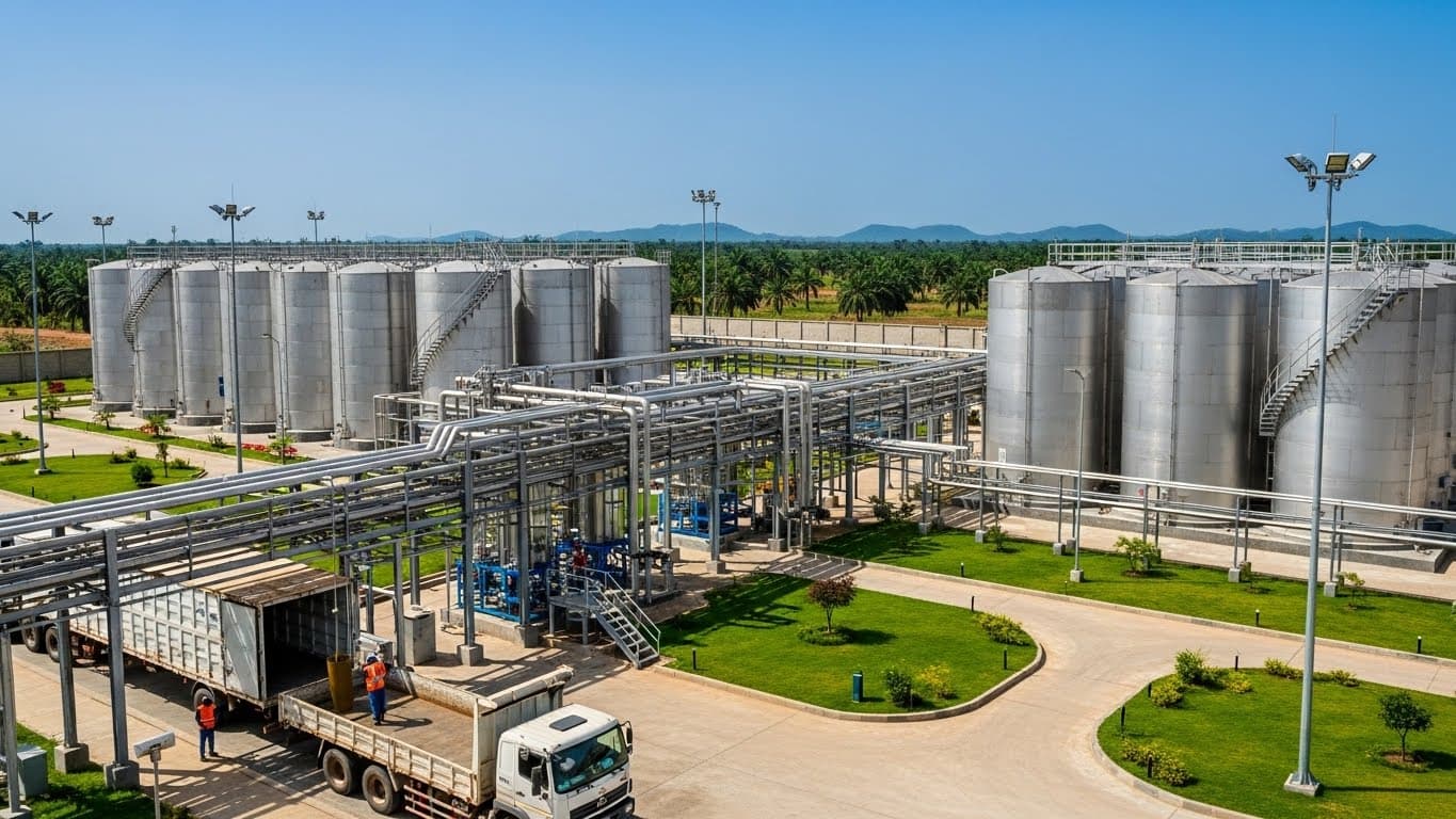 Installation moderne de stockage d’huile de soja brute au Nigeria (image générée par l’IA).