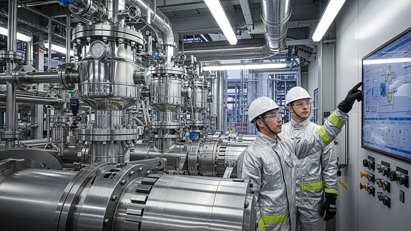 Bir rafineride ayçiçeği yağı filtrasyon ekipmanı, Kişisel Koruyucu Donanım (KKD) giymiş teknisyenler ekranları izliyor (yapay zeka tarafından oluşturulmuş görüntü)