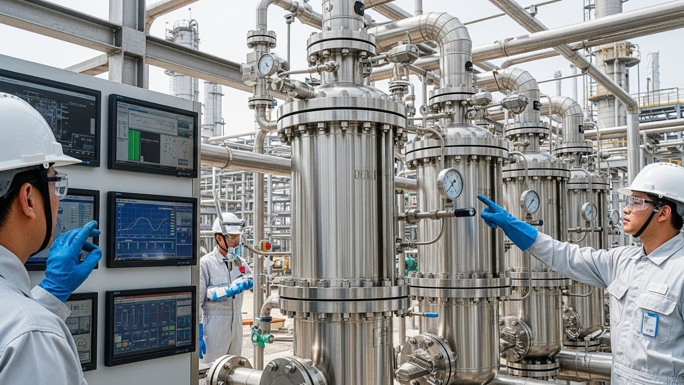 精製所の向日葵油ろ過設備、PPEを着用した技術者が画面を監視している（AI生成画像）