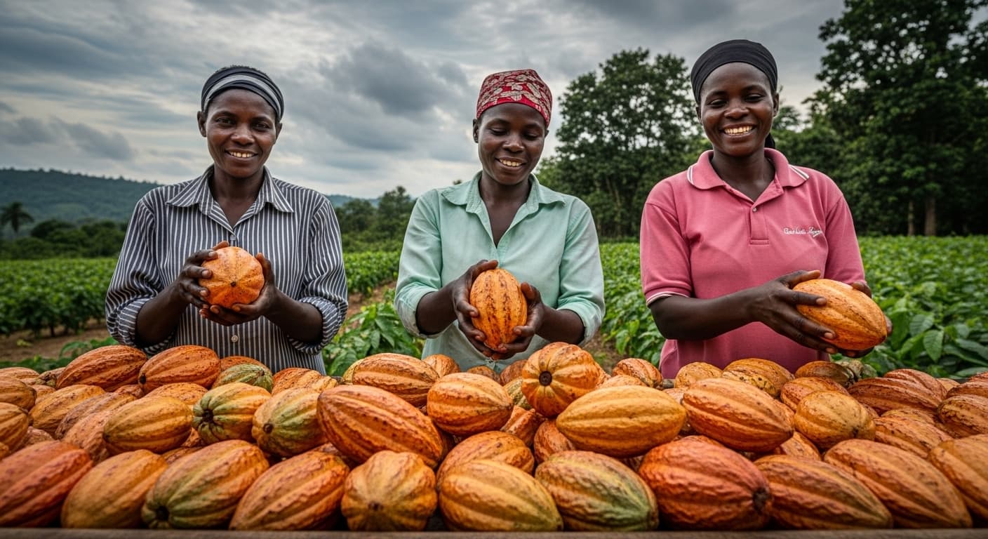 Agricultores de cacao ghaneses cosechando vainas de cacao maduras (imagen generada por IA)