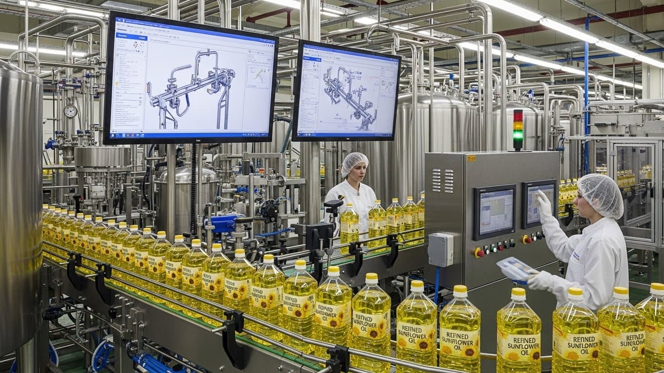 Linha de produção de óleo de girassol refinado (imagem gerada por IA).