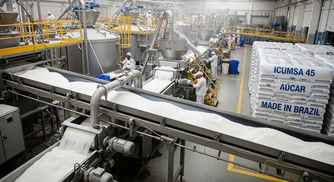 Production line for ICUMSA 45 sugar in Brazil (AI-generated image).