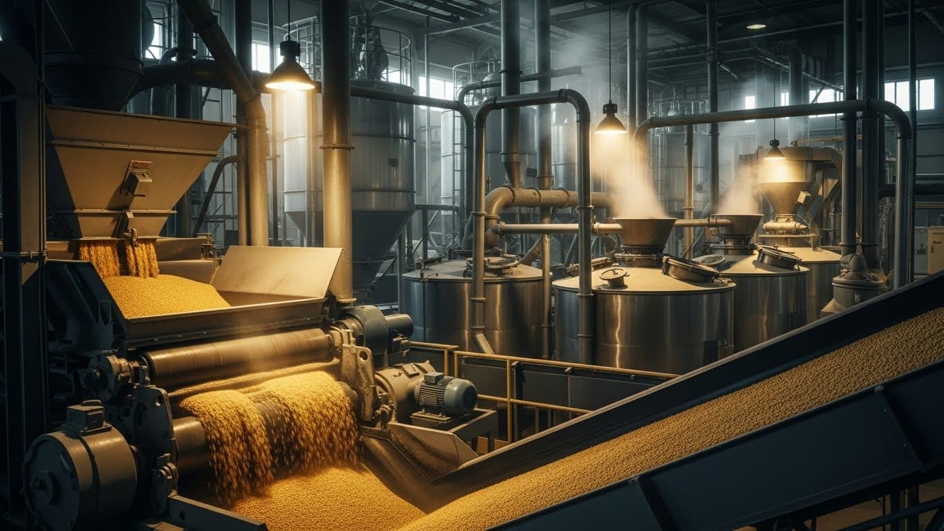 Mechanical soybean crusher in operation, with conveyor belts moving soybeans and oil extraction vats (AI-generated image).