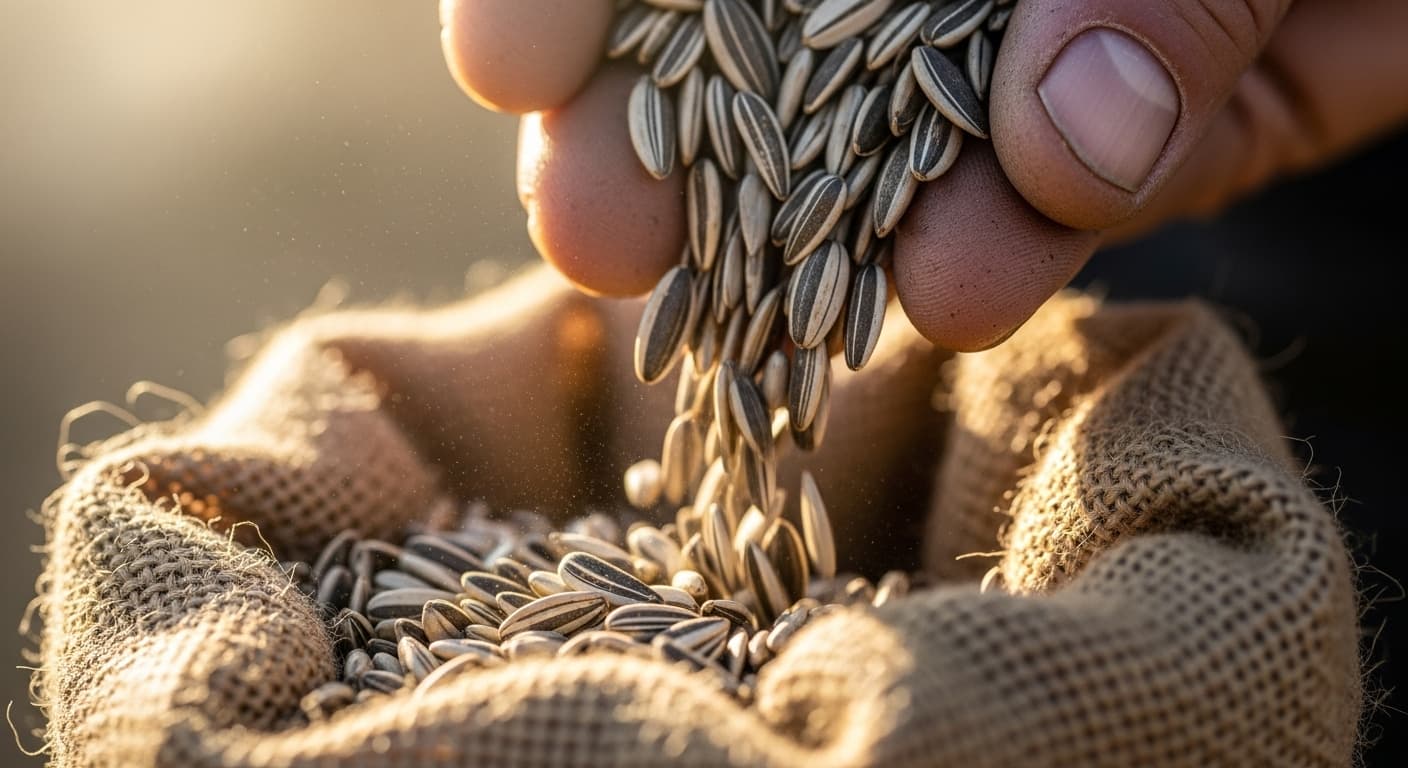 Cảnh chụp macro cận cảnh hạt hướng dương đổ từ tay người nông dân vào bao tải vải bố (hình ảnh do AI tạo ra)