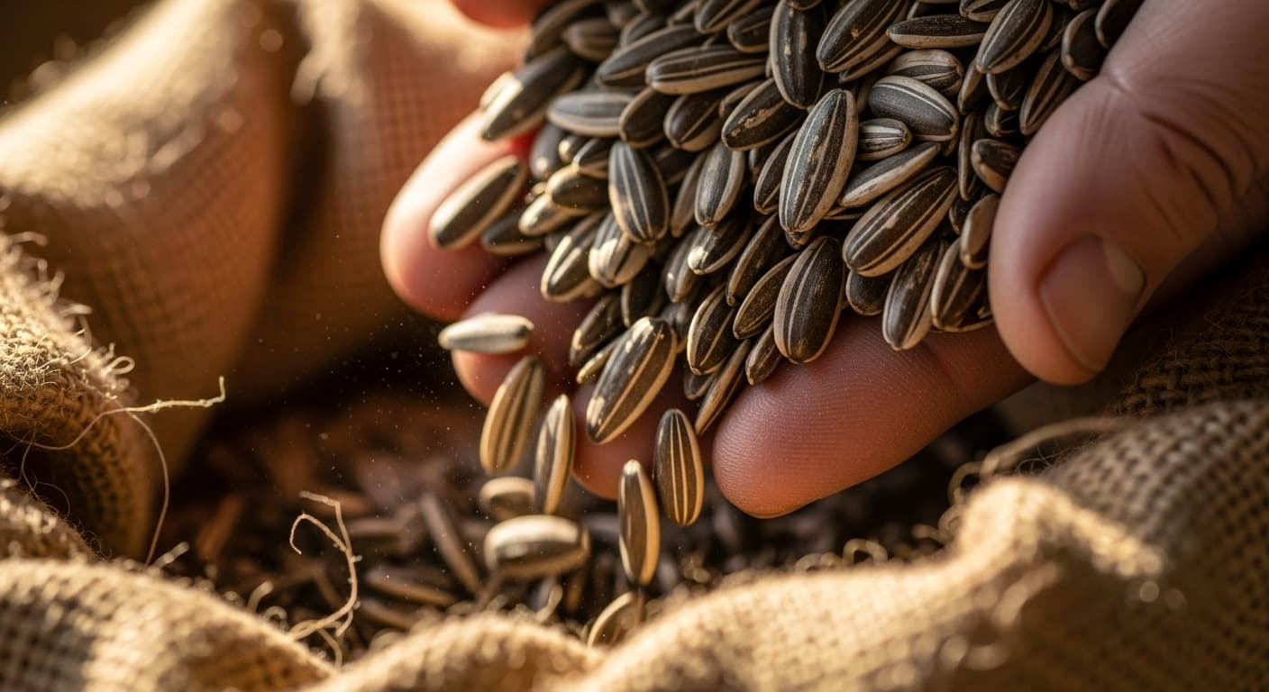 農家の手から麻袋に注がれるヒマワリの種子のクローズアップ・マクロショット（AI生成画像）