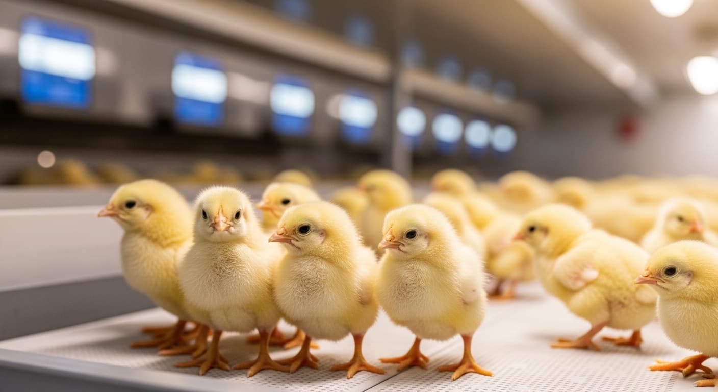 Broiler chicks in a high-tech hatchery incubator (AI-generated image).