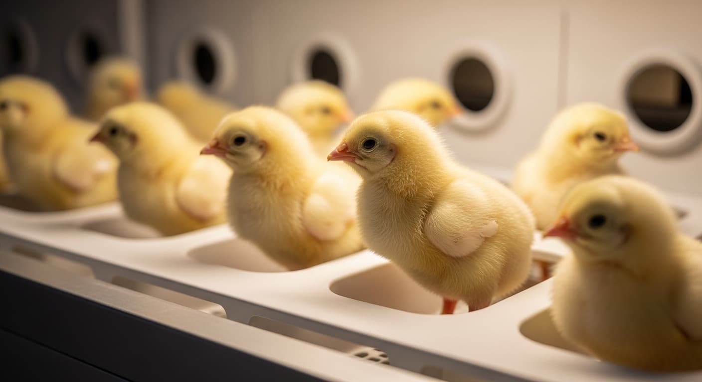 كتاكيت التسمين في حاضنة تفريخ عالية التقنية (صورة مولدة بالذكاء الاصطناعي).