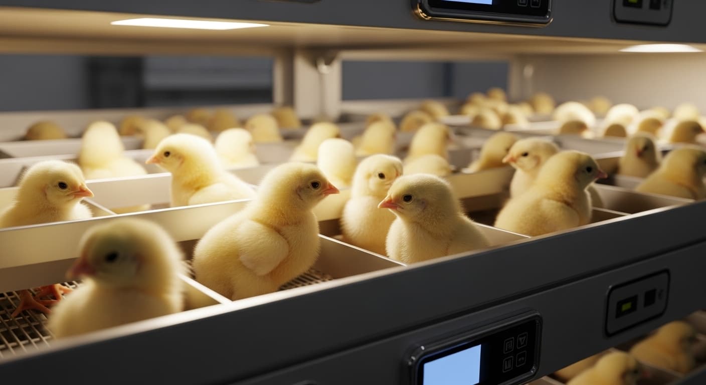 高科技孵化器中的肉鸡雏鸡（AI 生成的图像）。