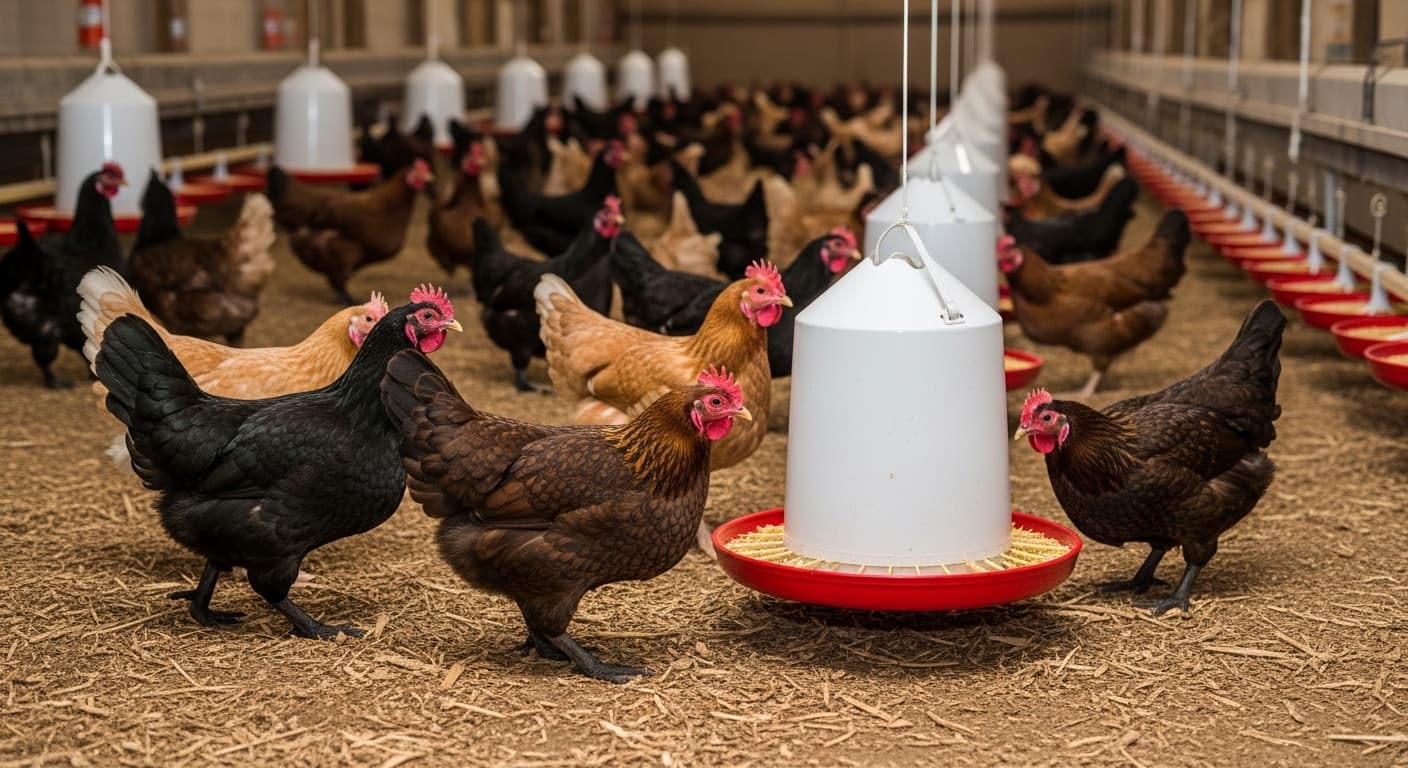 室内进食的鸡只（AI 生成的图像）。
