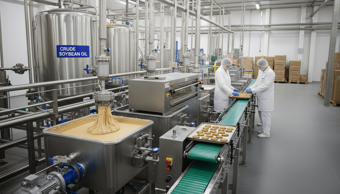 कच्चे सोयाबीन तेल को घटक के रूप में उपयोग करने वाली कुकी उत्पादन लाइन (एआई-जनित छवि)