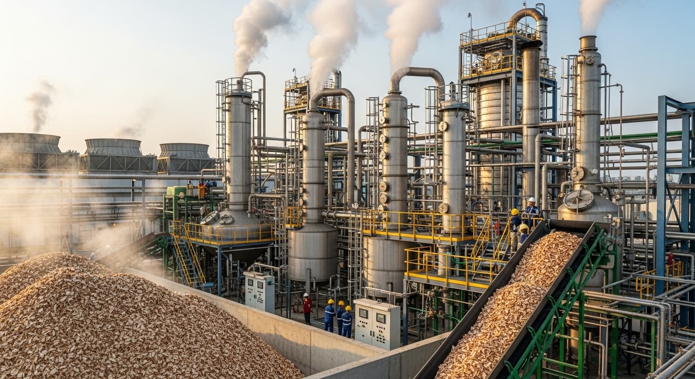 Usine d’éthanol en fonctionnement utilisant des copeaux de manioc comme matière première (image générée par IA)