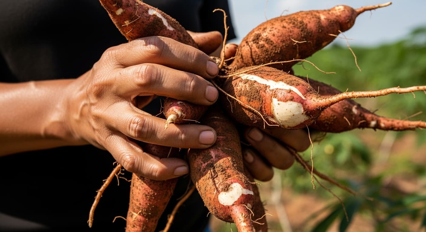 Close-up of hands of a female smallholder farmer holding fresh cassava tubers (AI-generated image)