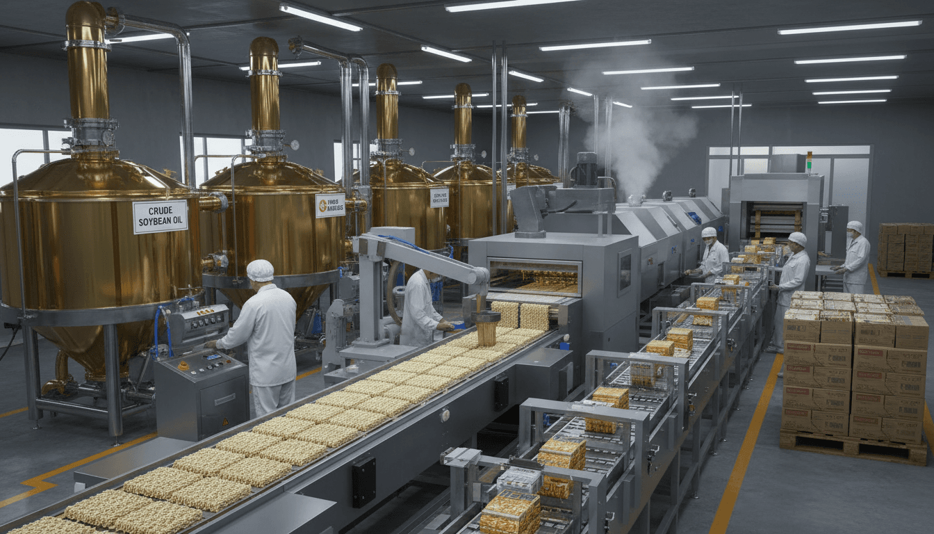 Línea de producción de fideos instantáneos que utiliza aceite de soja crudo como ingrediente (imagen generada por IA)