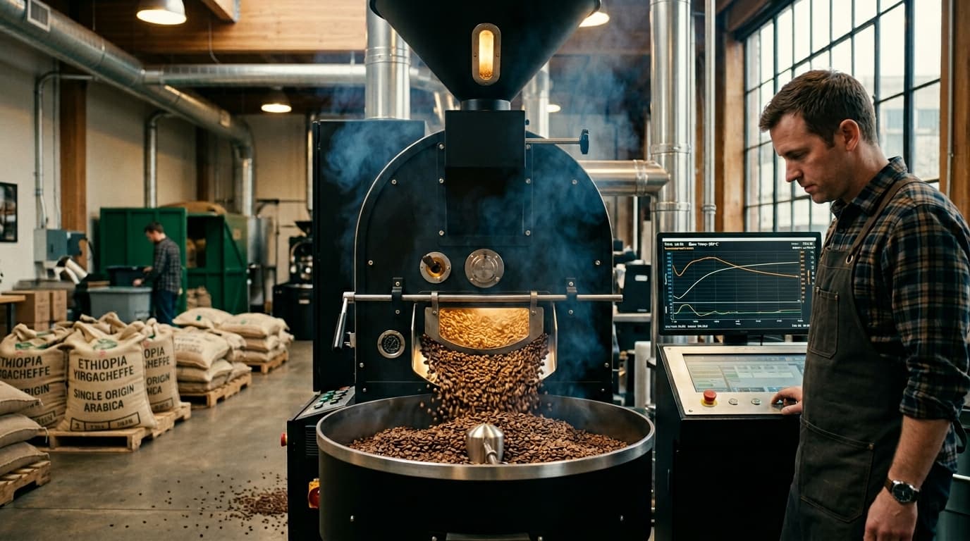 Inside a specialty coffee roasting facility where premium Arabica coffee beans are roasted. (AI-generated image)