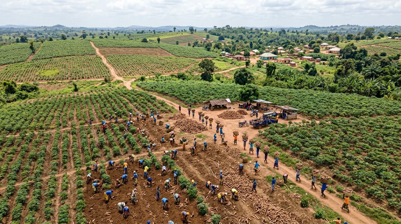 An aerial view of vast cassava fields at harvest time, with smallholder farmers carrying tubers (AI-generated image)