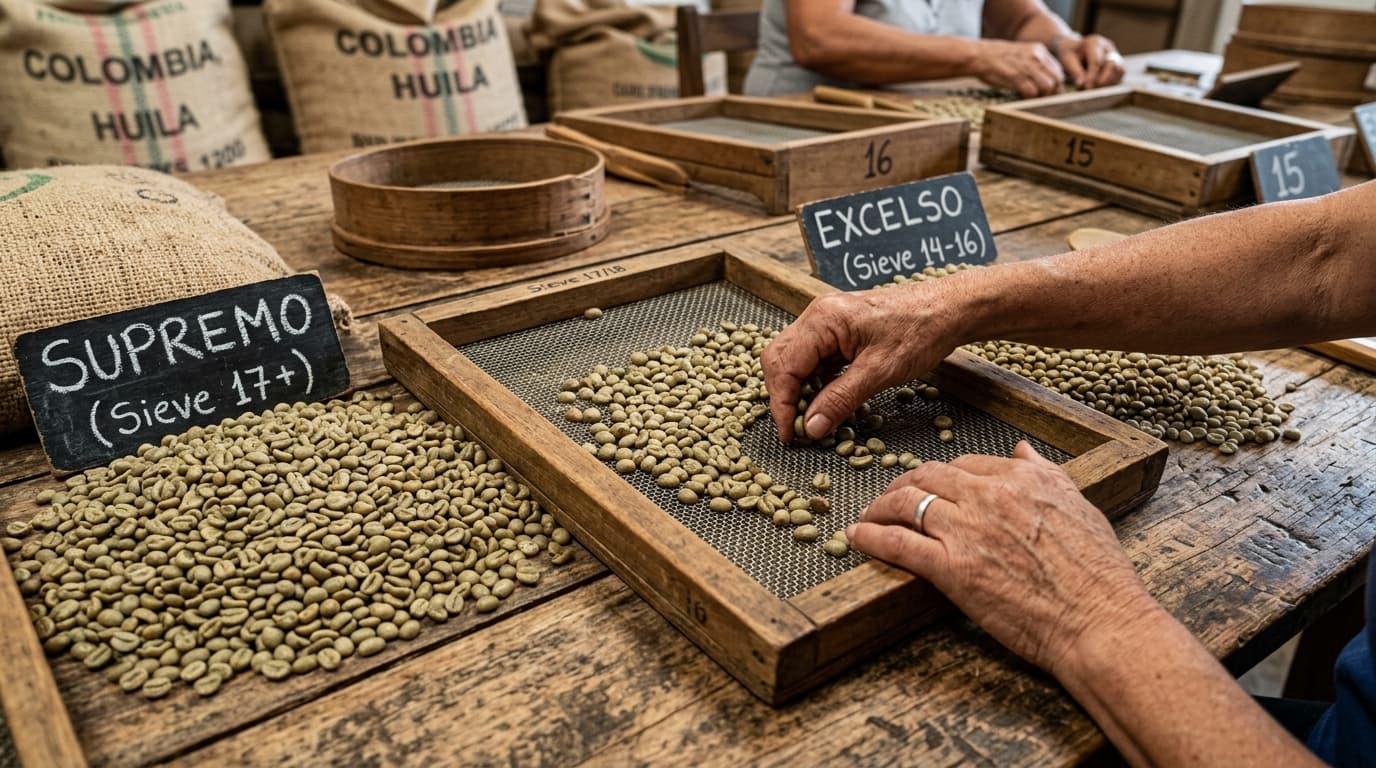 Coffee graders sorting green beans on a wooden table (AI-generated image).