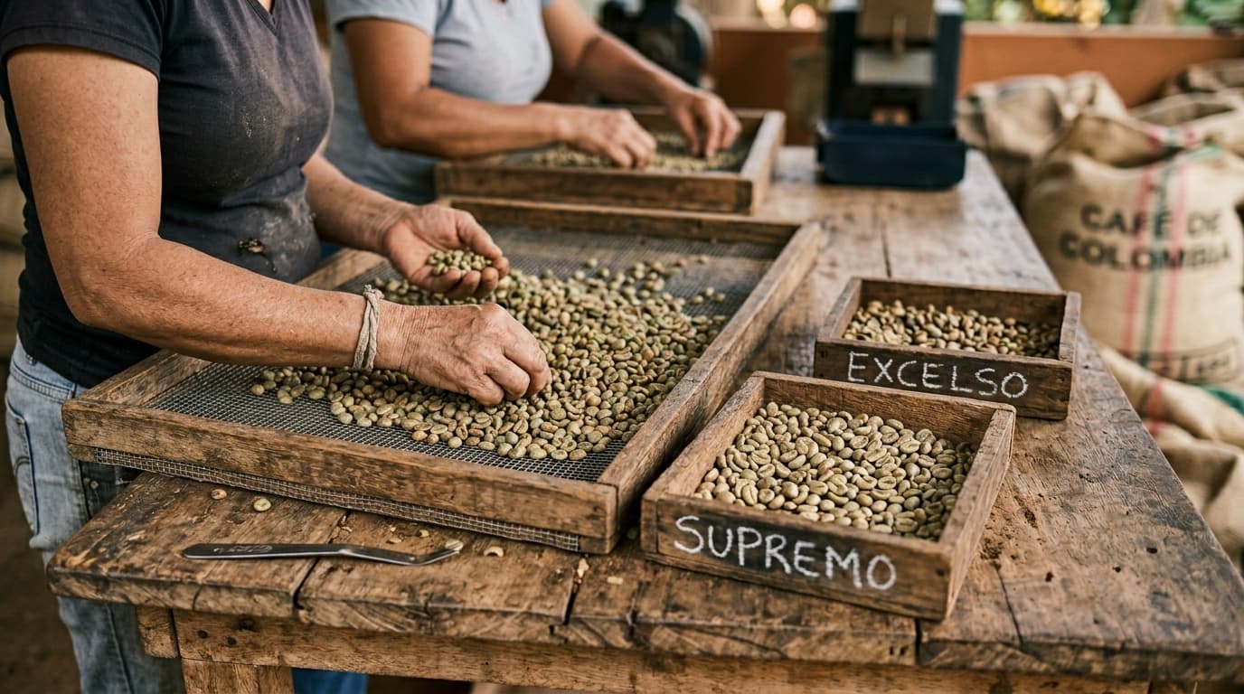 Clasificadores de café clasificando granos de café verdes sobre una mesa de madera (imagen generada por IA).