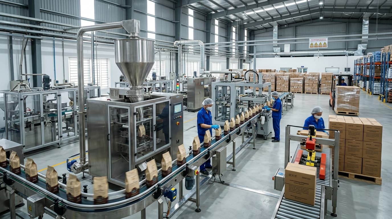 Coffee packaging line inside a coffee factory in Vietnam (AI-generated image)