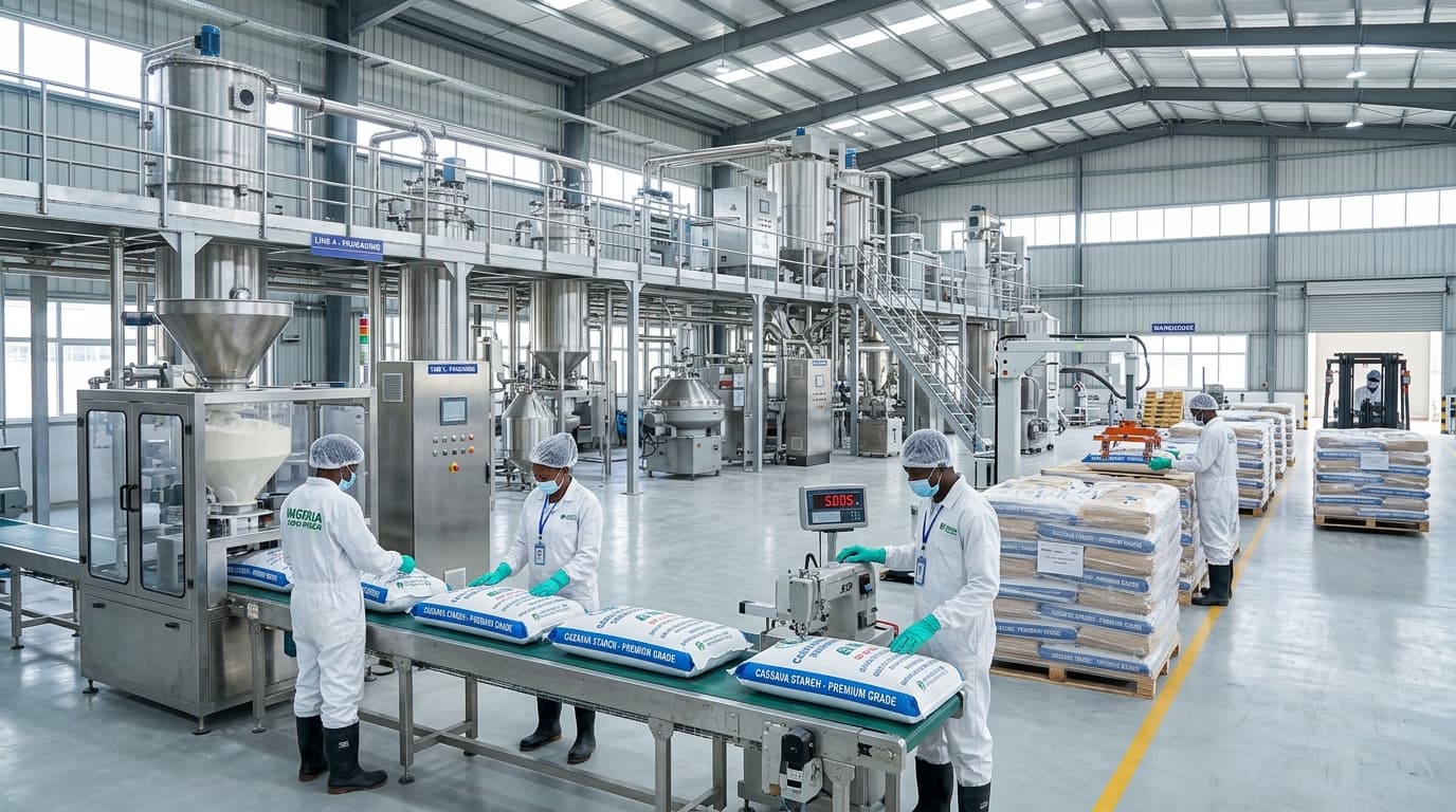 Innenraum einer modernen Maniokstärke-Verarbeitungsanlage — Edelstahlmaschinen, Arbeiter überprüfen Verpackungslinien, Paletten mit 50-kg-Säcken, helle industrielle Beleuchtung, äußerst saubere Umgebung. Standort: Nigeria. (KI-generiertes Bild)