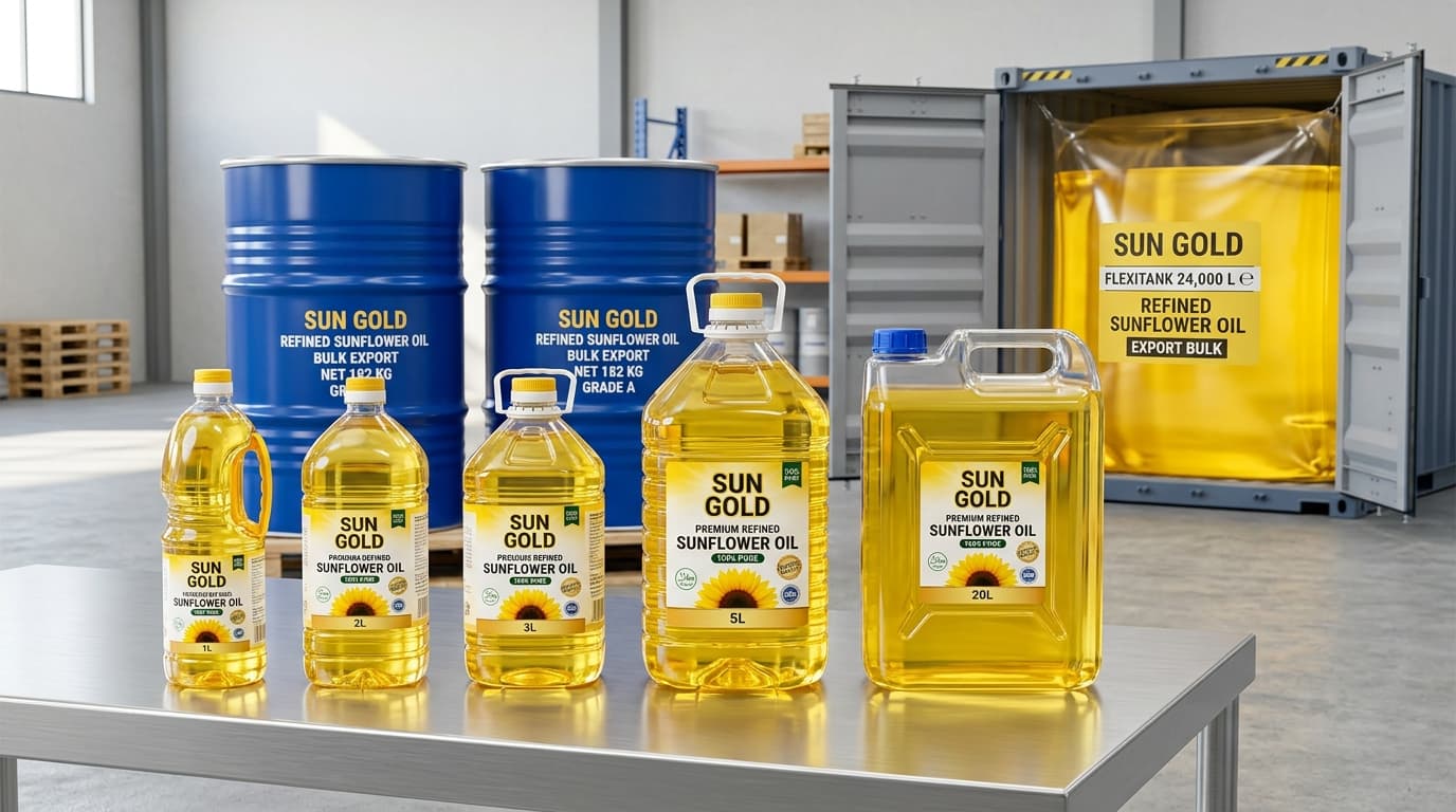 عرض لتغليف زيت دوار الشمس المكرر يبرز عبوات جاهزة للتصدير، بما في ذلك زجاجات PET شفافة بسعات 1 لتر و2 لتر و3 لتر و5 لتر و20 لتر مملوءة بزيت دوار الشمس المكرر بلونه الذهبي اللامع. كما يشمل العرض براميل صناعية للشحن بالجملة (بسعة 20–27 طن متري) وخزان فليكسي تانك بسعة 24,000 لتر. (صورة مولدة بالذكاء الاصطناعي)