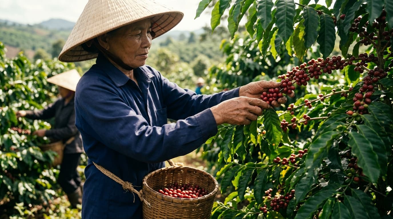 Agriculteurs vietnamiens récoltant des cerises de café mûres dans une plantation de café au Vietnam (image générée par IA).
