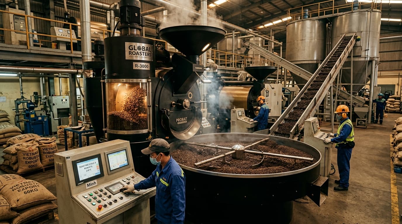 À l’intérieur d’une grande usine industrielle de torréfaction de café traitant des grains de café Robusta destinés à l’exportation mondiale (image générée par IA)
