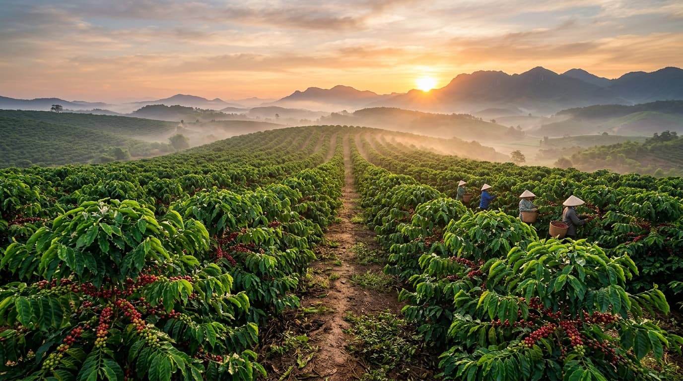 Une plantation de café vietnamienne dans les Hauts Plateaux au lever du soleil (image générée par IA).