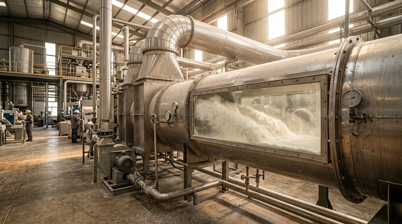 Nigerianische Maniokstärkefabrik, in der weißes Maniokstärkepulver durch ein Trocknungssystem fließt (KI-generiertes Bild)