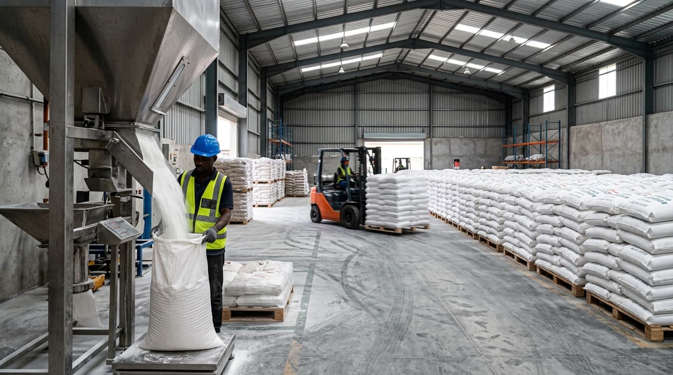 Nigerianische Maniokstärkefabrik, in der Maniokstärke sichtbar aus einem industriellen Füllschacht in einen offenen Sack fällt (KI-generiertes Bild)