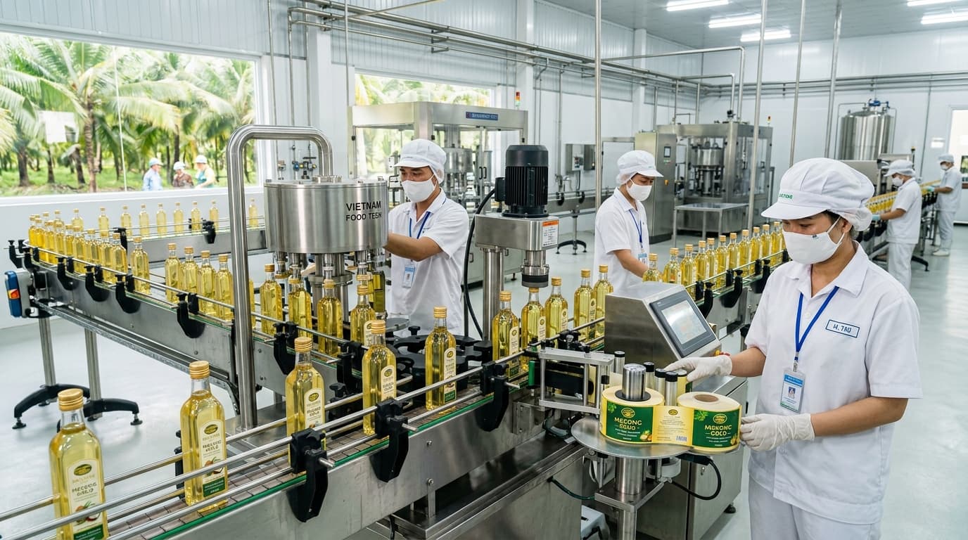 Abfüllanlage für Kokosöl in Vietnam (KI-generiertes Bild)