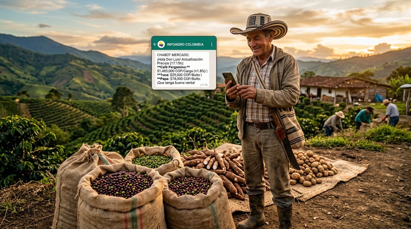 Un agriculteur colombien reçoit des mises à jour des prix du marché via un chatbot mobile tout en se tenant à côté des cultures récoltées (image générée par IA).