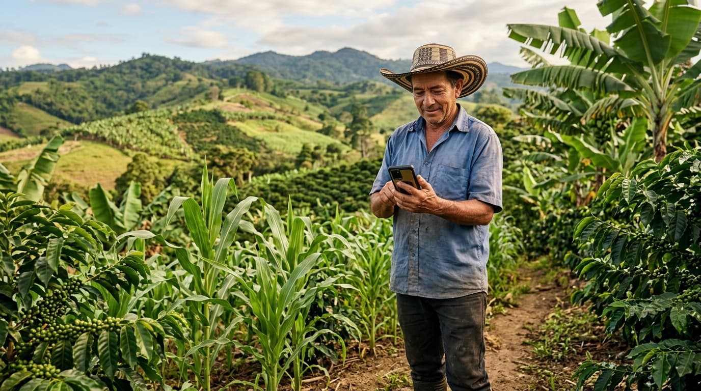 Um pequeno agricultor na Colômbia usa um chatbot em um smartphone em um campo rural e recebe orientações sobre culturas em um idioma local (imagem gerada por IA).