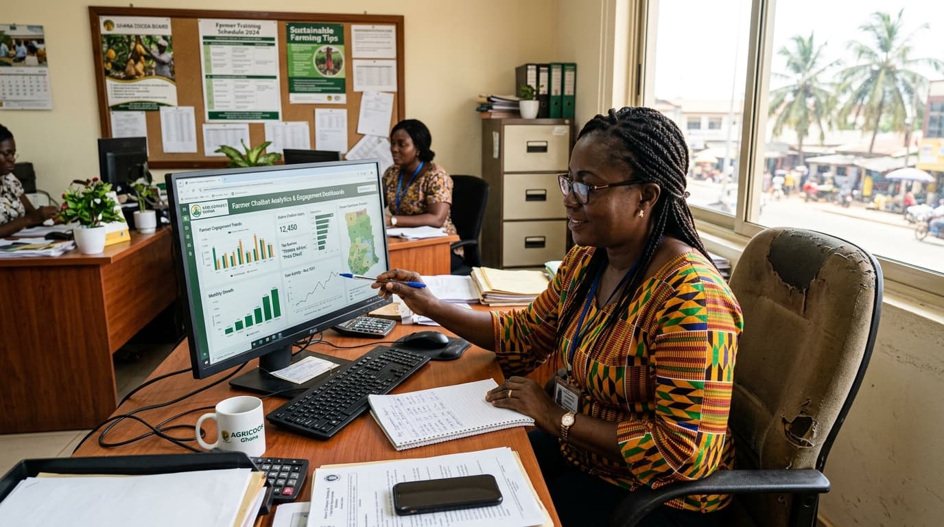 Um gerente de cooperativa em Gana analisa as métricas do chatbot e os gráficos de engajamento dos agricultores em uma tela de computador (imagem gerada por IA).