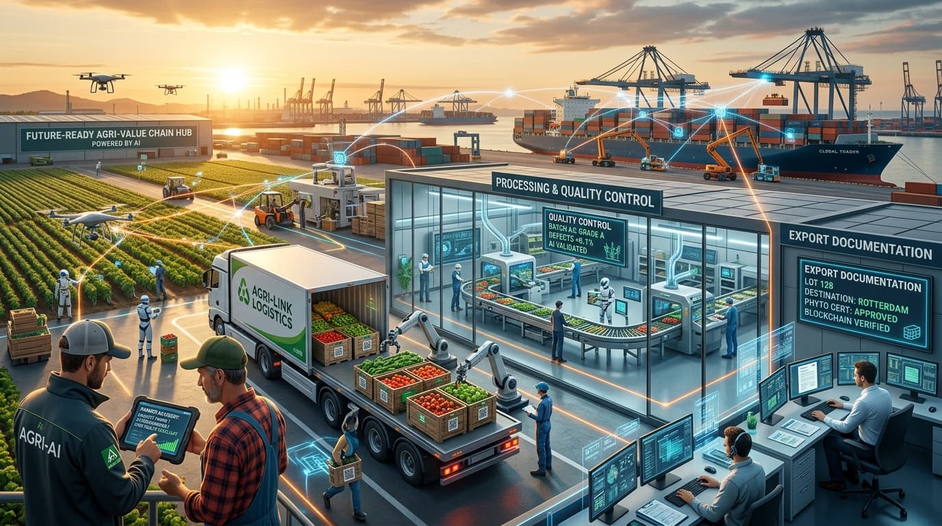 A future-ready agricultural value chain scene showing farmer advisory, logistics, quality control, and export documentation connected by AI (AI-generated image).