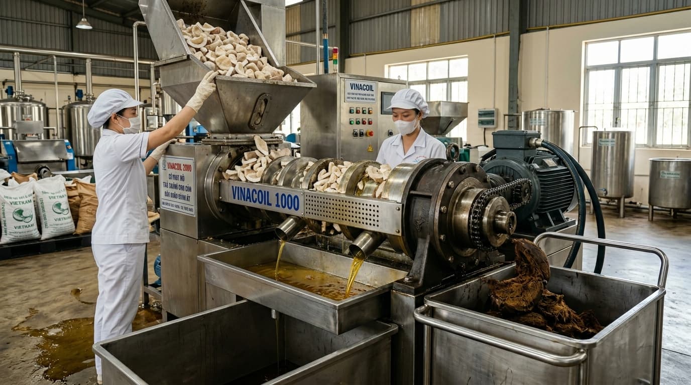 在越南使用机械螺旋压榨机进行椰干（Copra）加工以提取椰子油（AI生成图像）。