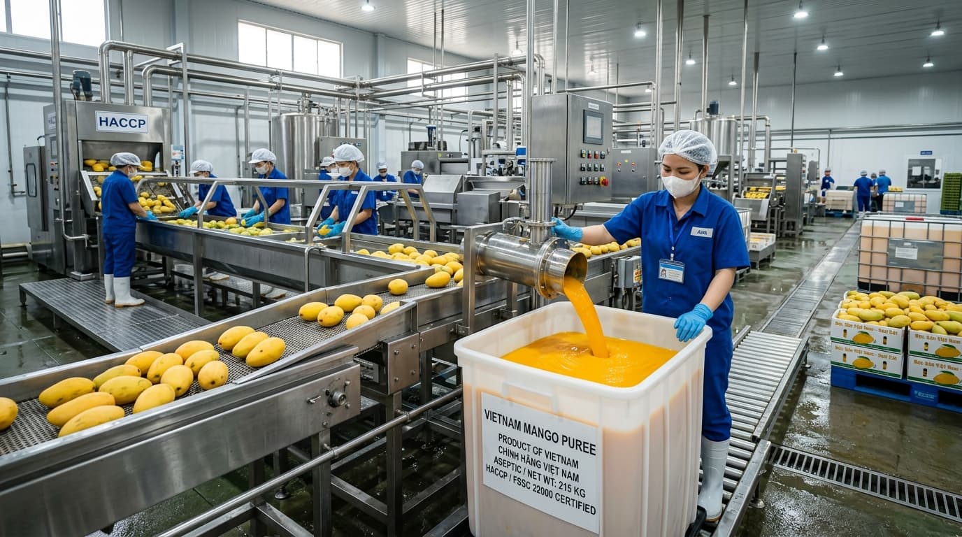 Dây chuyền sản xuất puree xoài Việt Nam (hình ảnh do AI tạo ra).