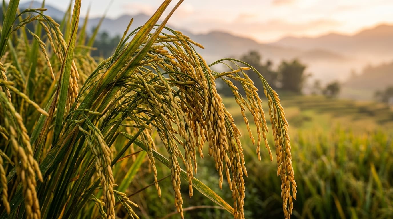 Mature Vietnamese rice plants in a rice paddy, ready for harvest (AI-generated image).