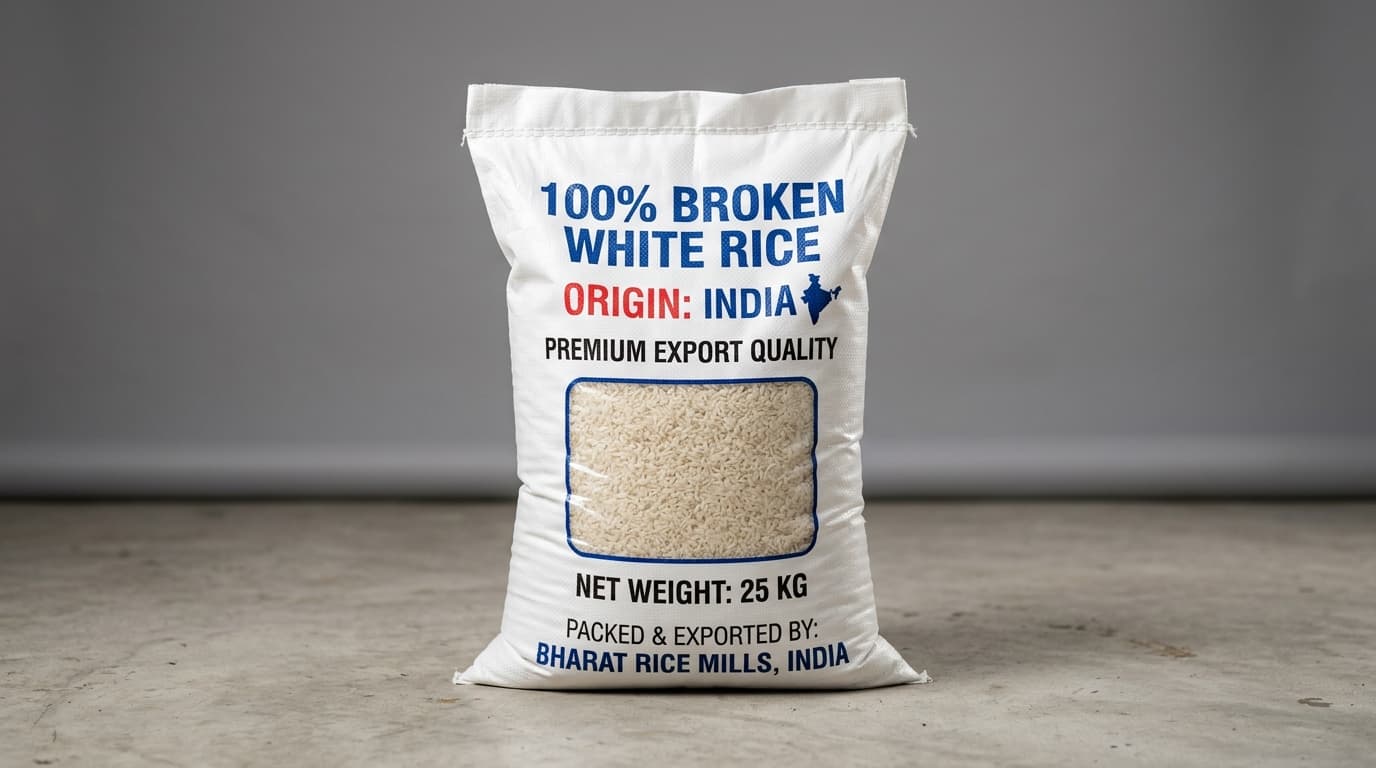 Bolsa de 25 kg de arroz blanco 100 % partido, origen: India (imagen generada por IA)