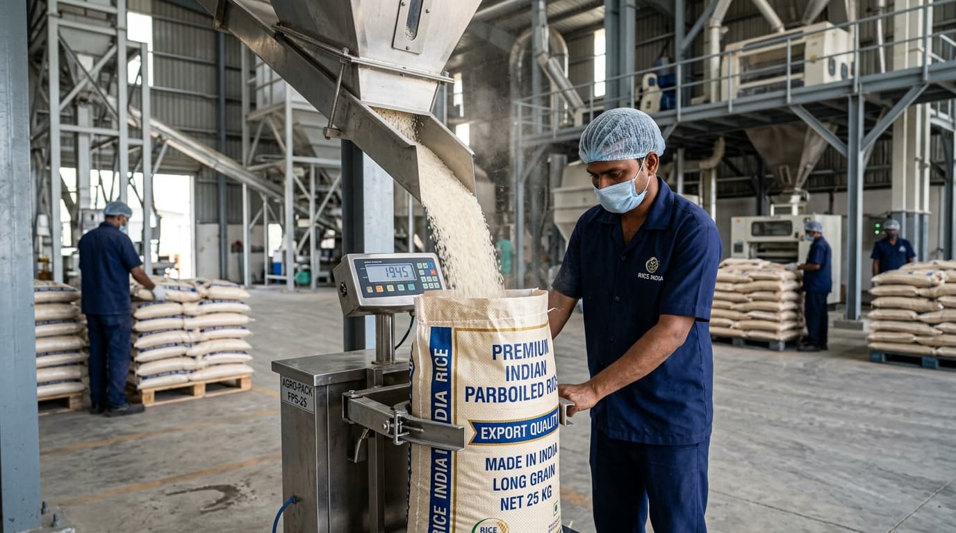 Indian parboiled white rice is being poured into a 25 kg bag (AI-generated image).